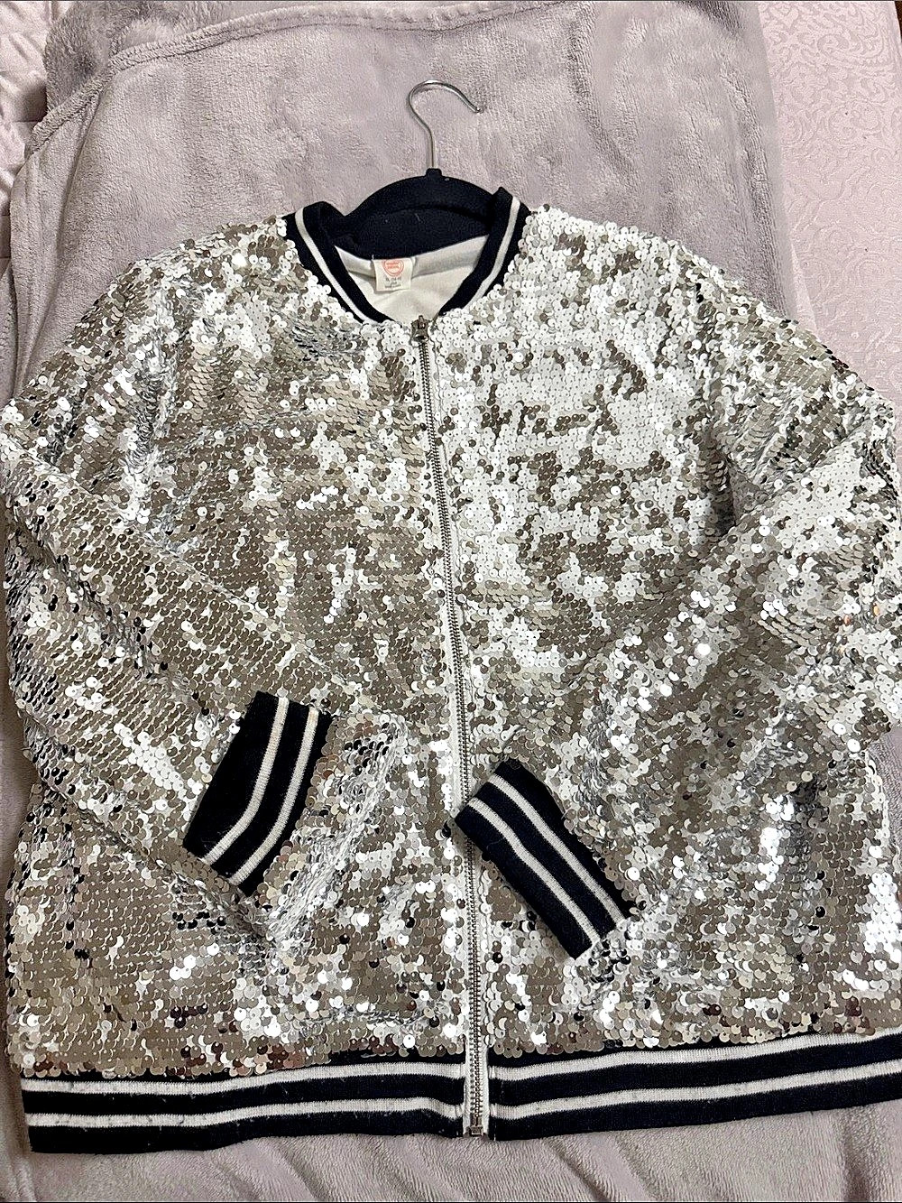 L.E.I. Sequin Bomber Jacket in Silver & Black Size XL Like New